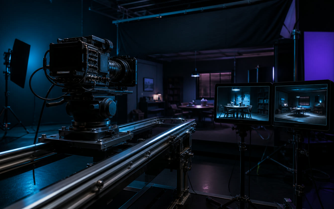 Cinema camera on a motion-control rail with start and end frame monitors