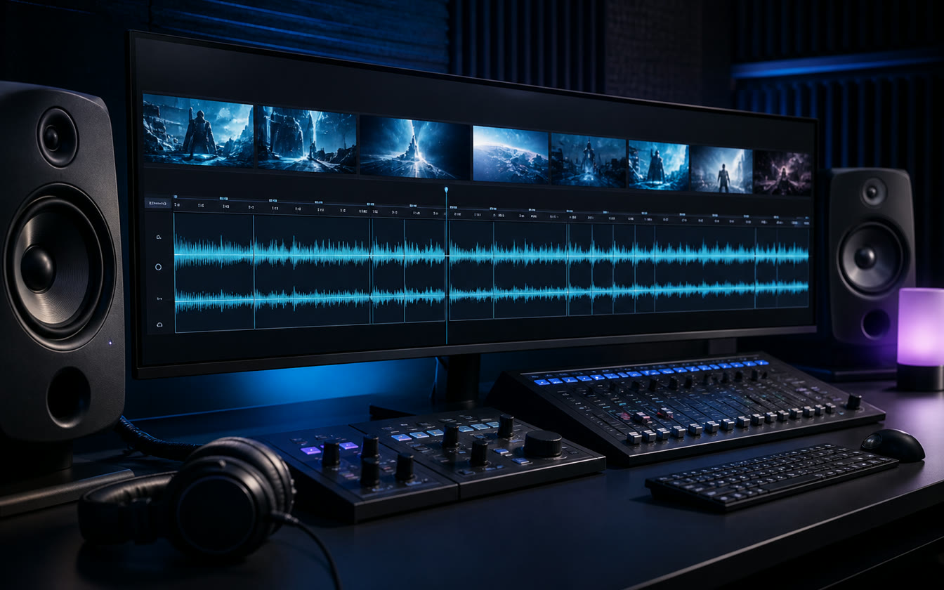 Video timeline and synchronized stereo waveform in a production studio
